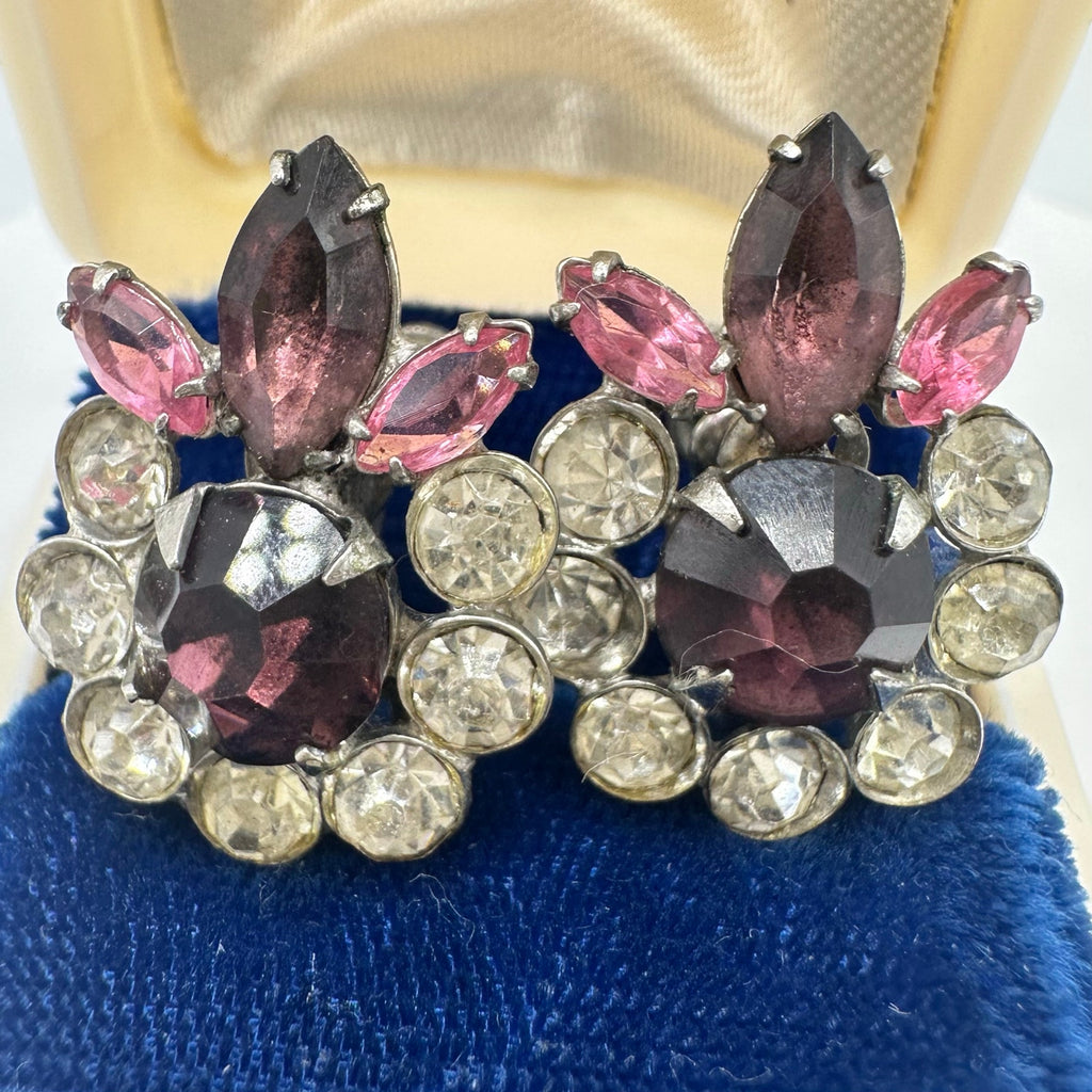 Vintage silver tone pink purple clear glass rhinestones screw back earrings
