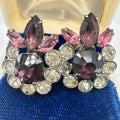 Vintage silver tone pink purple clear glass rhinestones screw back earrings