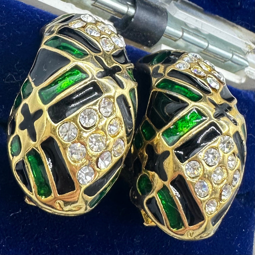1980s vintage gold tone clear rhinestones black green enamel half hoops earrings