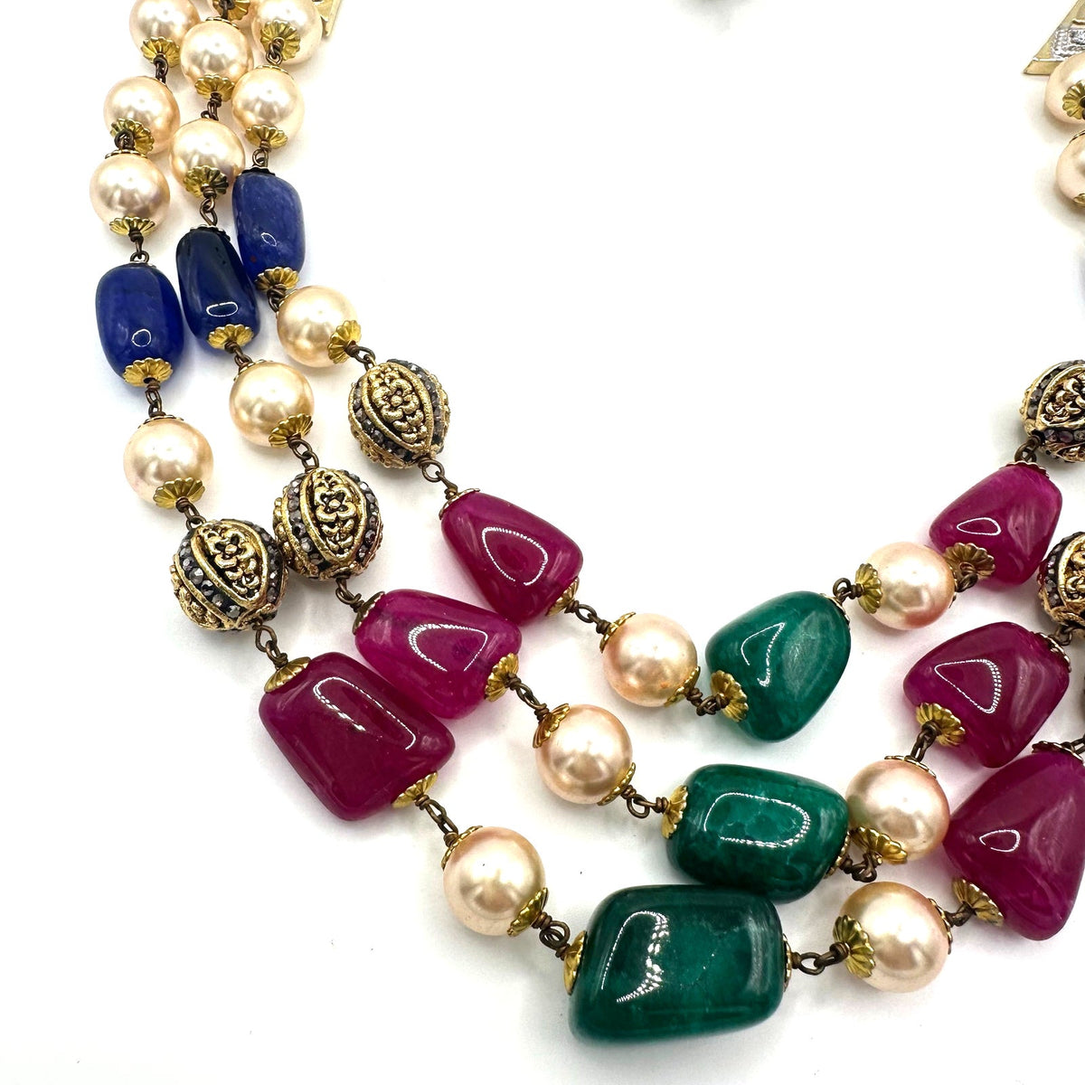 Indian vintage 3 strand semiprecious agate glass pearls beaded necklace