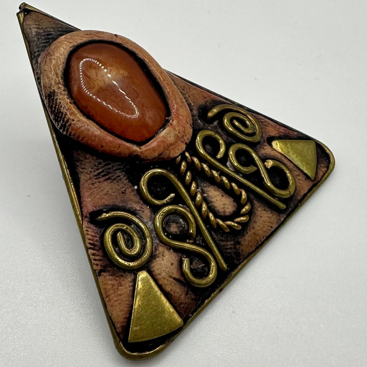 Vintage gold tone brass genuine carnelian handmade triangle modernist brooch