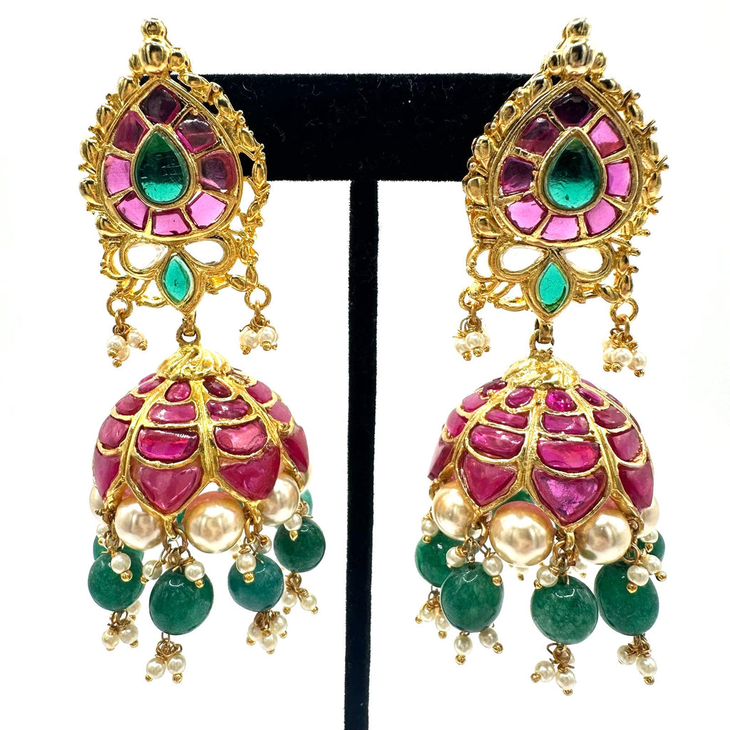 Indian Bridal gold plated real ruby green gems beaded pearls jhumka earrings