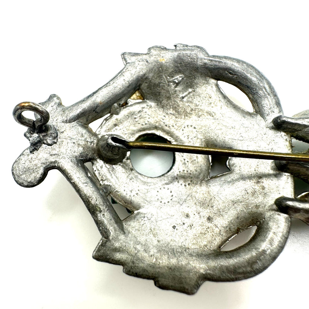 1930s antique Art Deco gold tone pot metal green clear Czech rhinestones brooch
