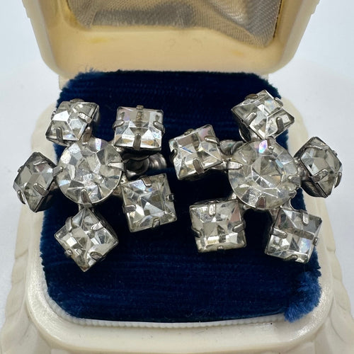 1940s vintage retro clear rhinestones starburst silver tone screw back earrings