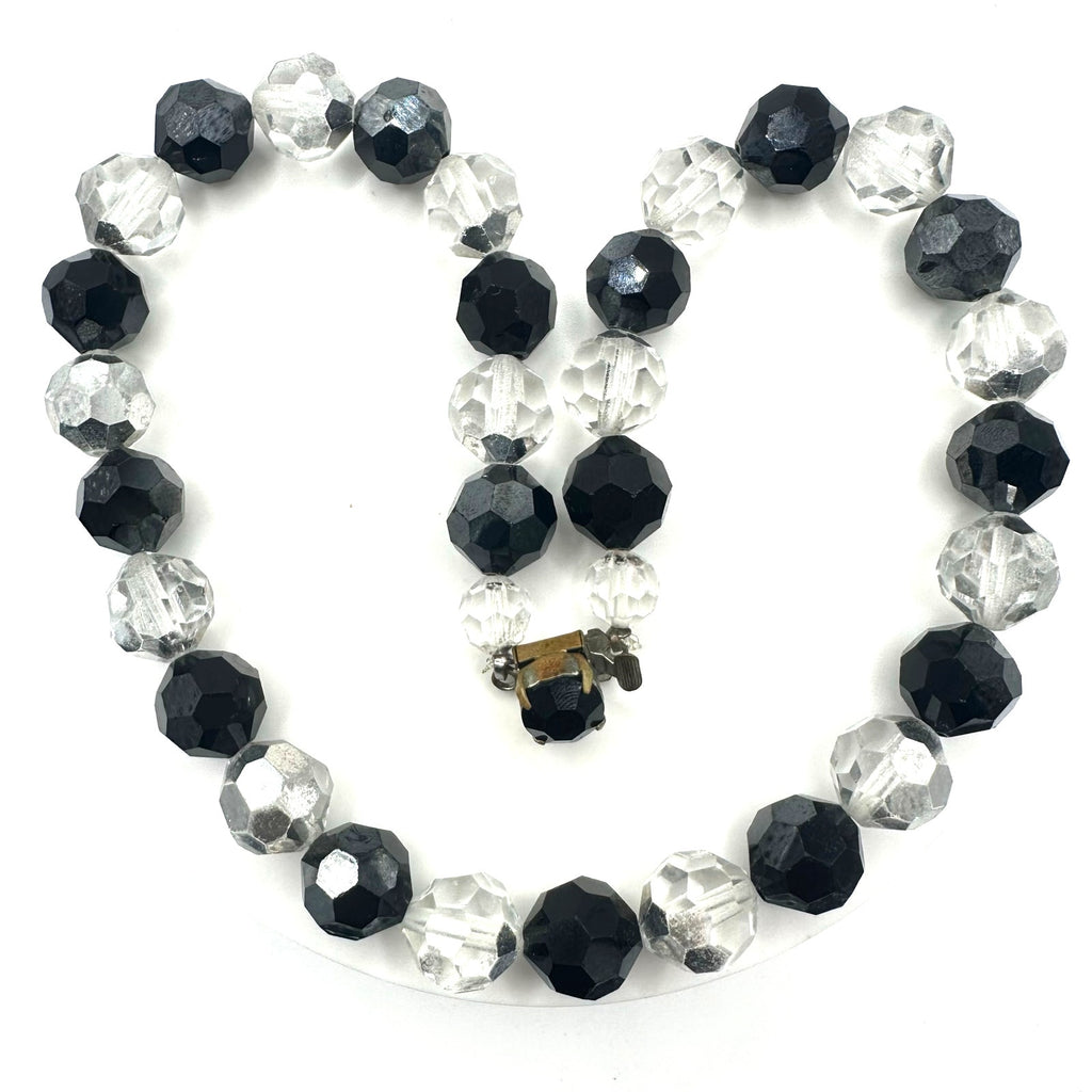 Vintage black silver comet argent clear faceted glass beads beaded 16" necklace