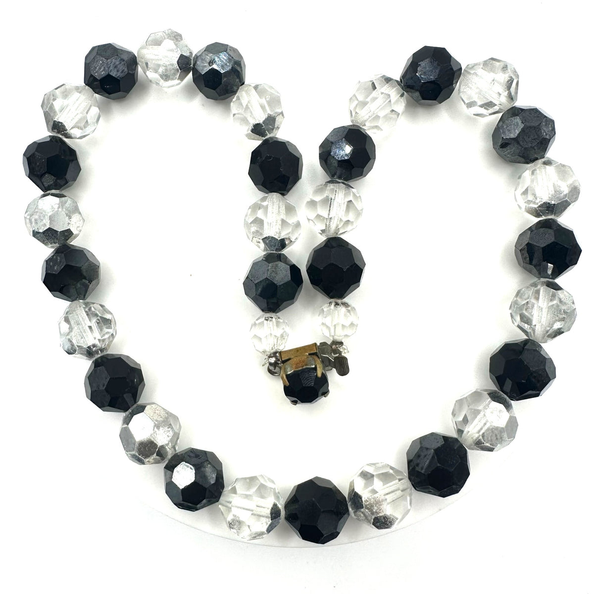 Vintage black silver comet argent clear faceted glass beads beaded 16" necklace