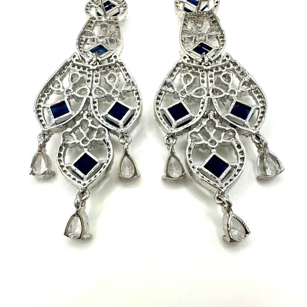 Silver tone blue faux sapphire clear cubic zirconia CZ drop post earrings