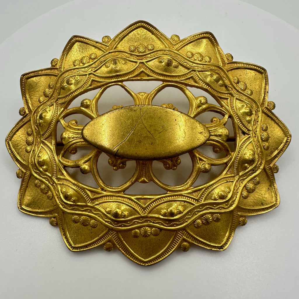 Antique 1900s Arts & Crafts gold gilt brass oval sunburst sash pin brooch
