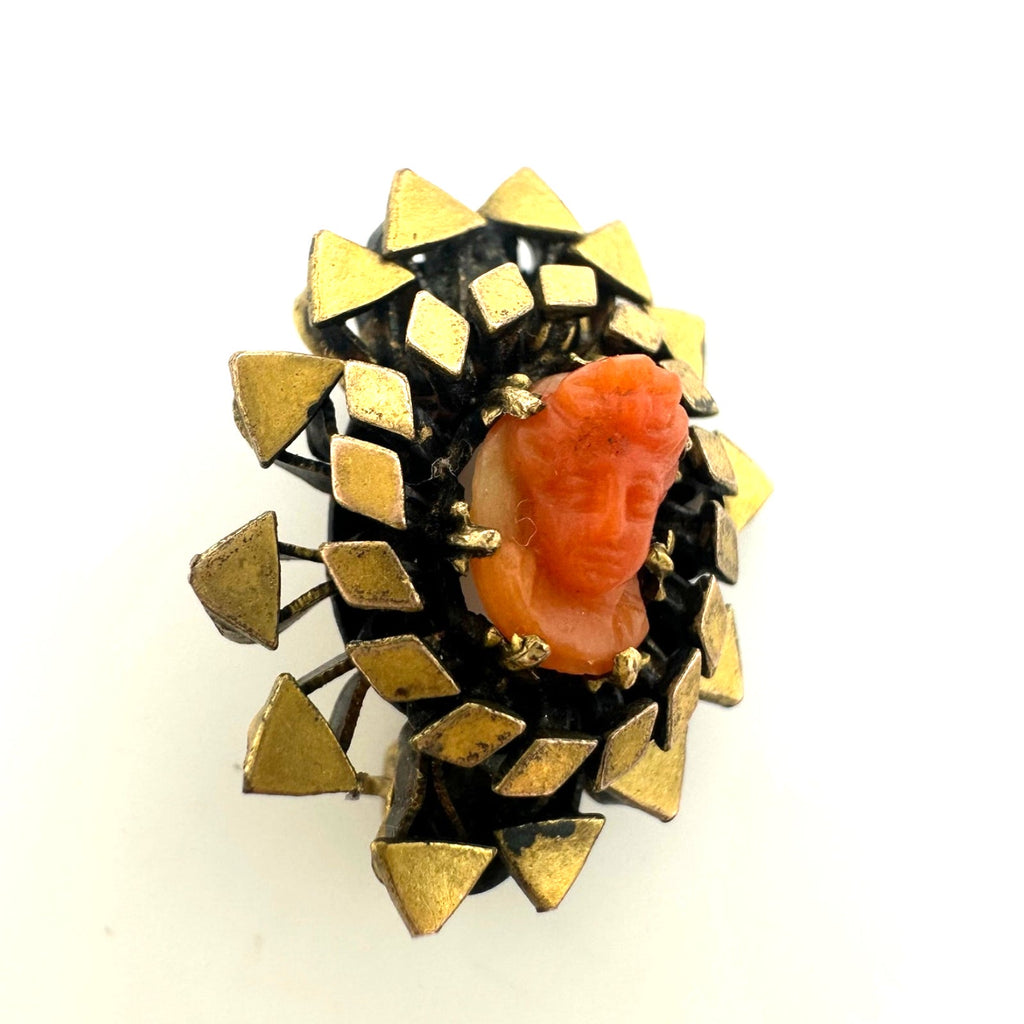 Antique Victorian 1800s gold filled carved red coral cameo dainty tiny brooch