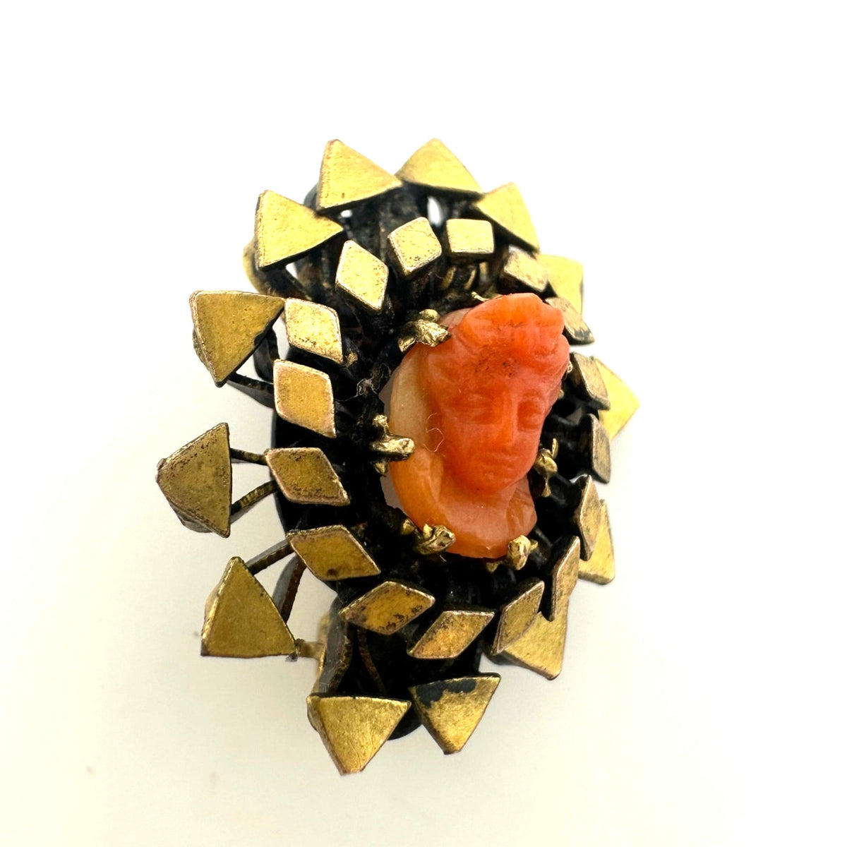 Antique Victorian 1800s gold filled carved red coral cameo dainty tiny brooch