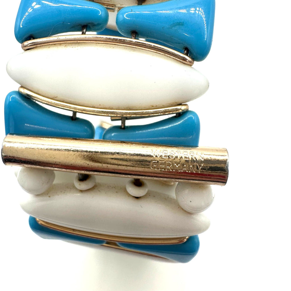 Western Germany vintage blue white milk glass gold tone beaded wrap bracelet