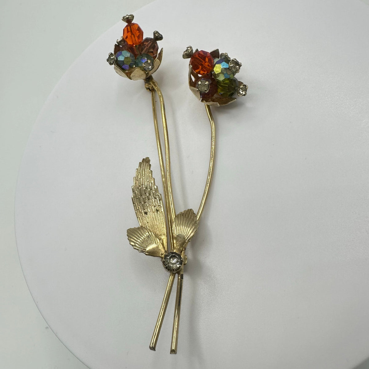 Vintage gold tone multicolor aurora borealis glass beaded flowers brooch pin