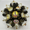 Unsigned Schiaparelli gold tone aurora borealis AB margarita faux pearls brooch