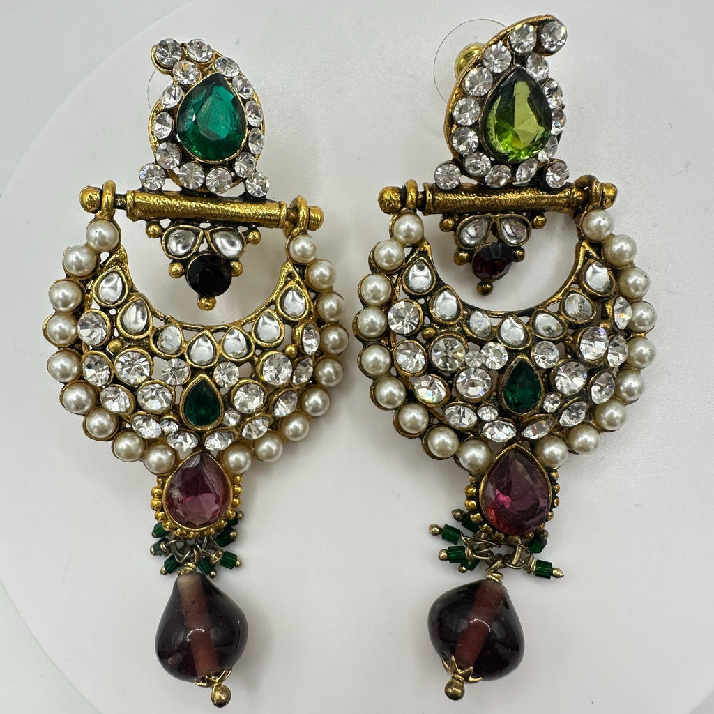 Indian Bridal gold kundan green purple glass rhinestones faux pearl earrings