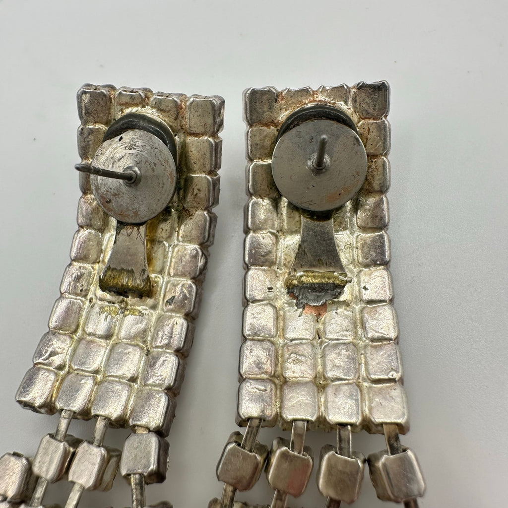 Vintage silver tone clear rhinestones 5 strands fringe 4" drop post earrings