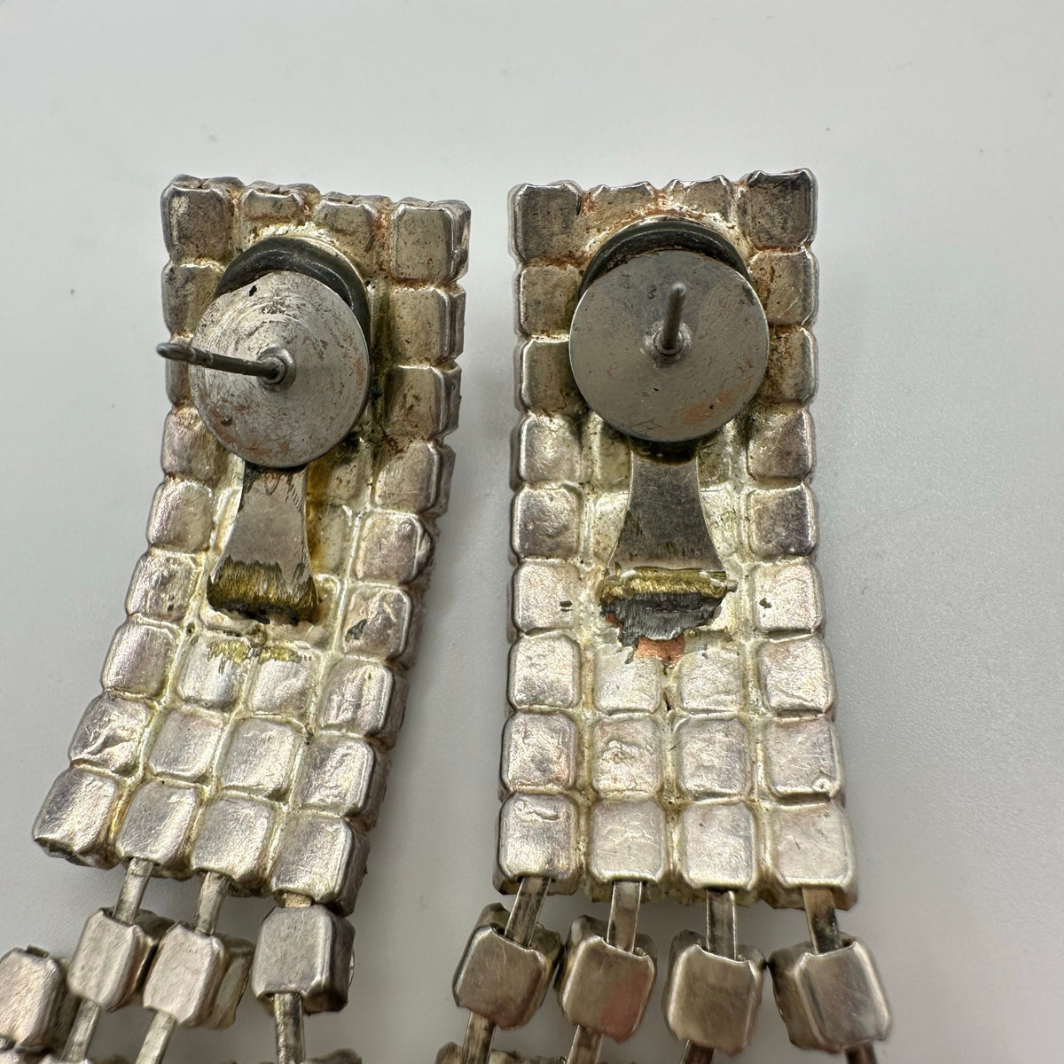 Vintage silver tone clear rhinestones 5 strands fringe 4" drop post earrings