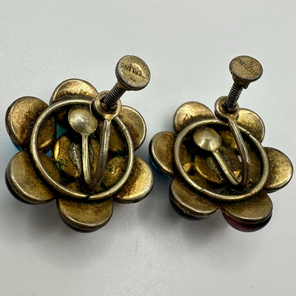 1940s vintage sterling silver rainbow glass cabochons screw back earrings