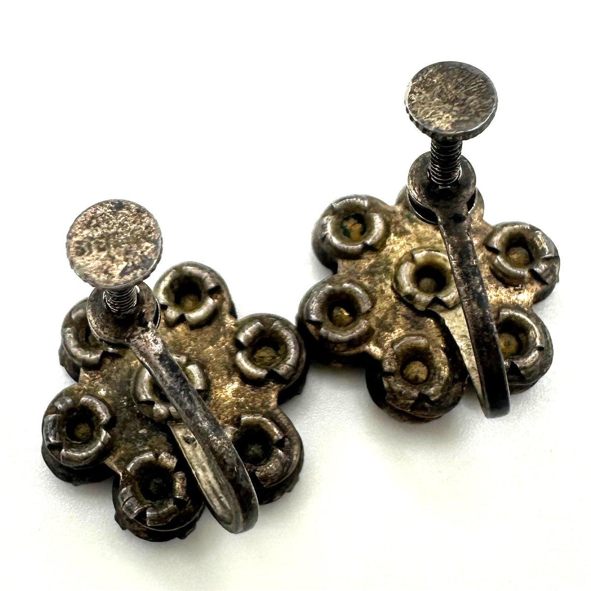Antique vintage sterling silver blue glass rhinestones screw back earrings