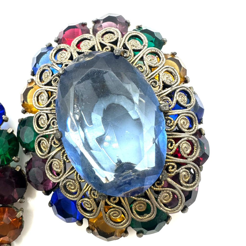 1930s 1940s Art Deco large multicolor Czech glass rhinestones set 2 dress clips