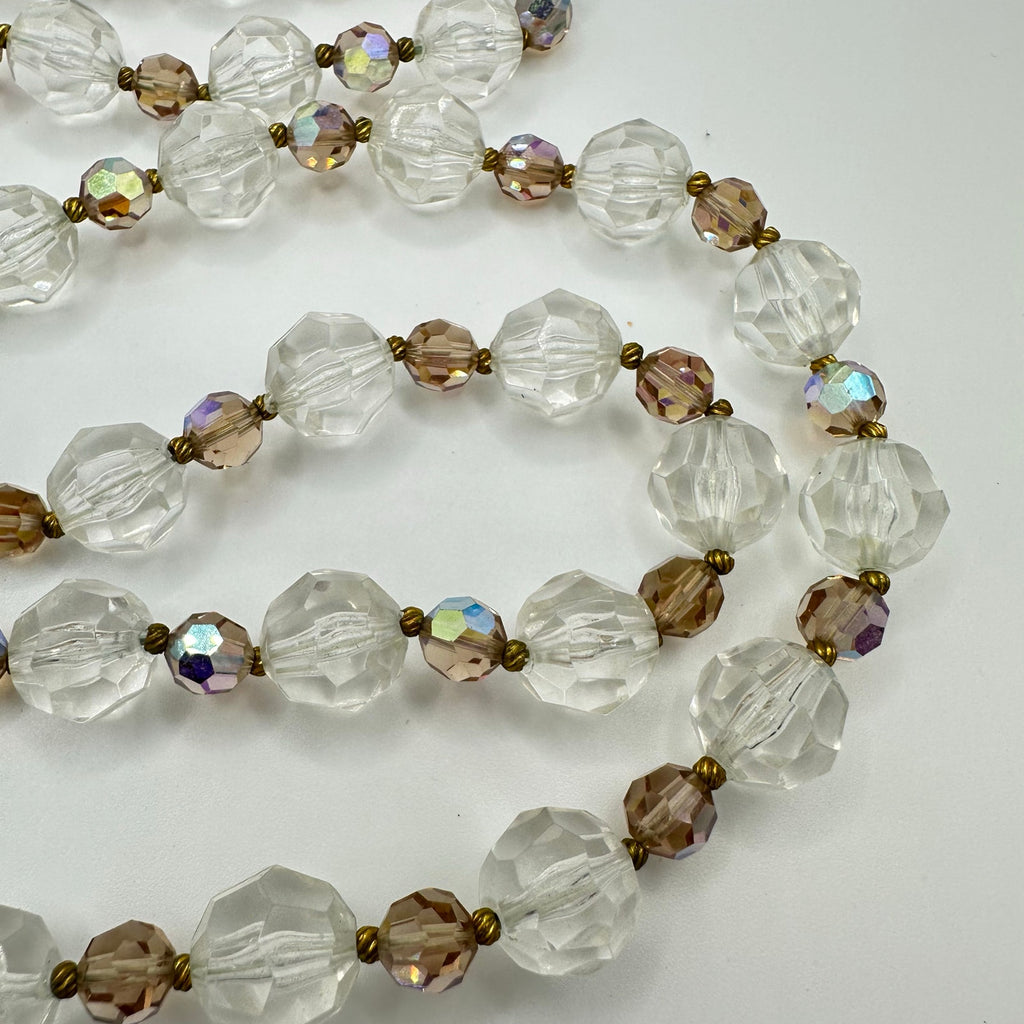Vintage peach aurora borealis AB glass clear lucite beads beaded 32" necklace