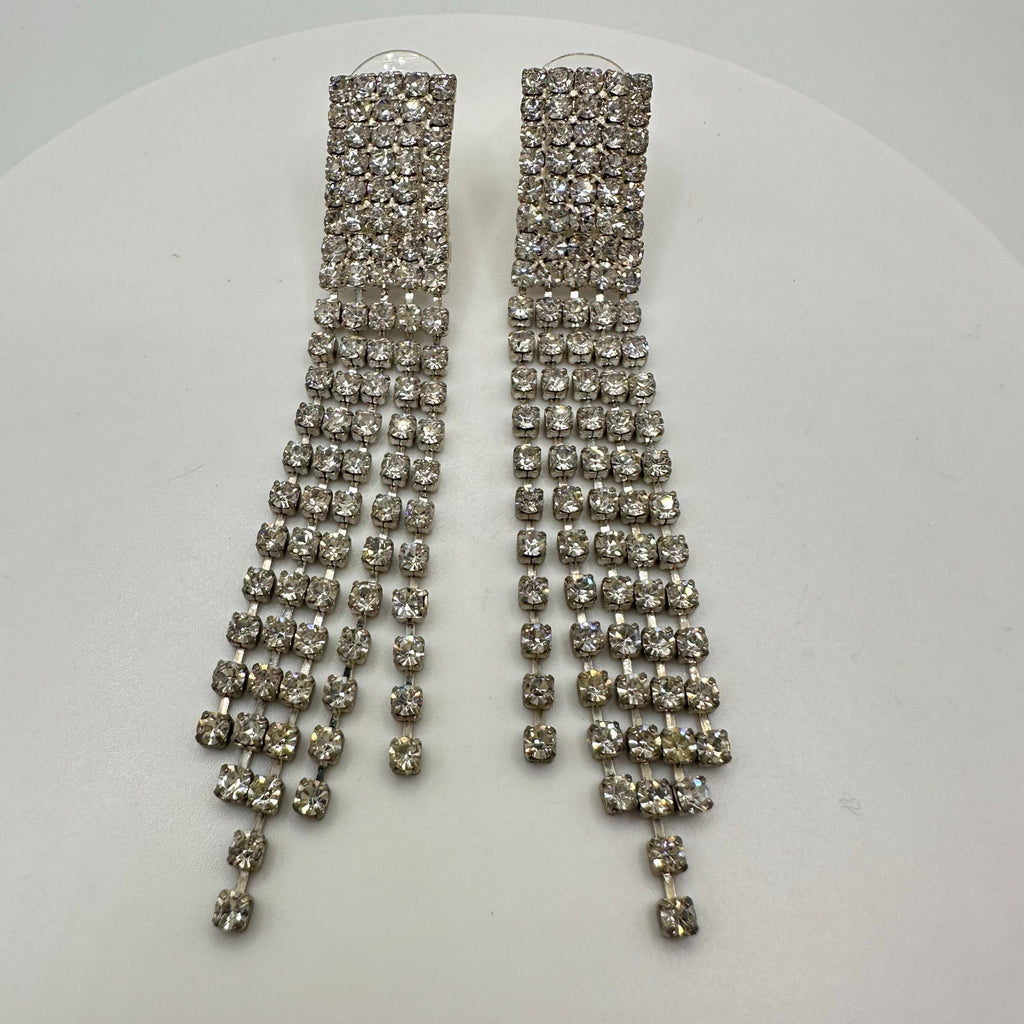 Silver tone clear rhinestones multi 5 strands fringe drop post earrings