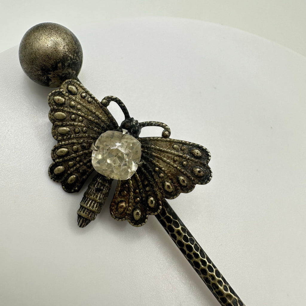 Antique Victorian silver tone textured butterfly clear paste gemstone stick pin