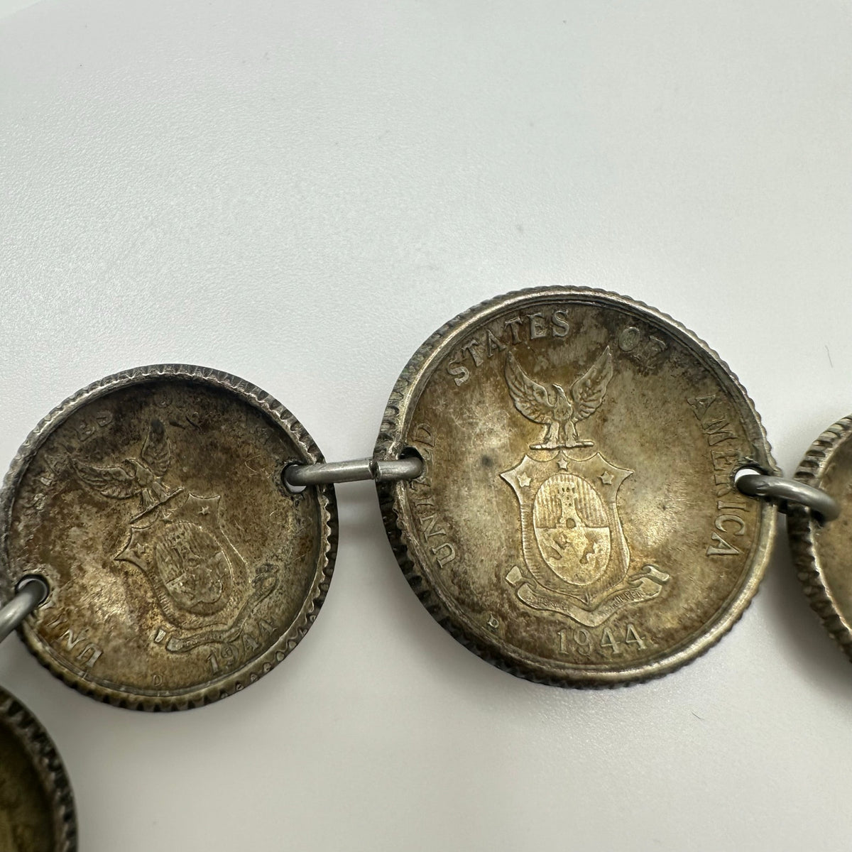 WWII era vintage retro USA Philippines 750 sterling silver 7 coins bracelet