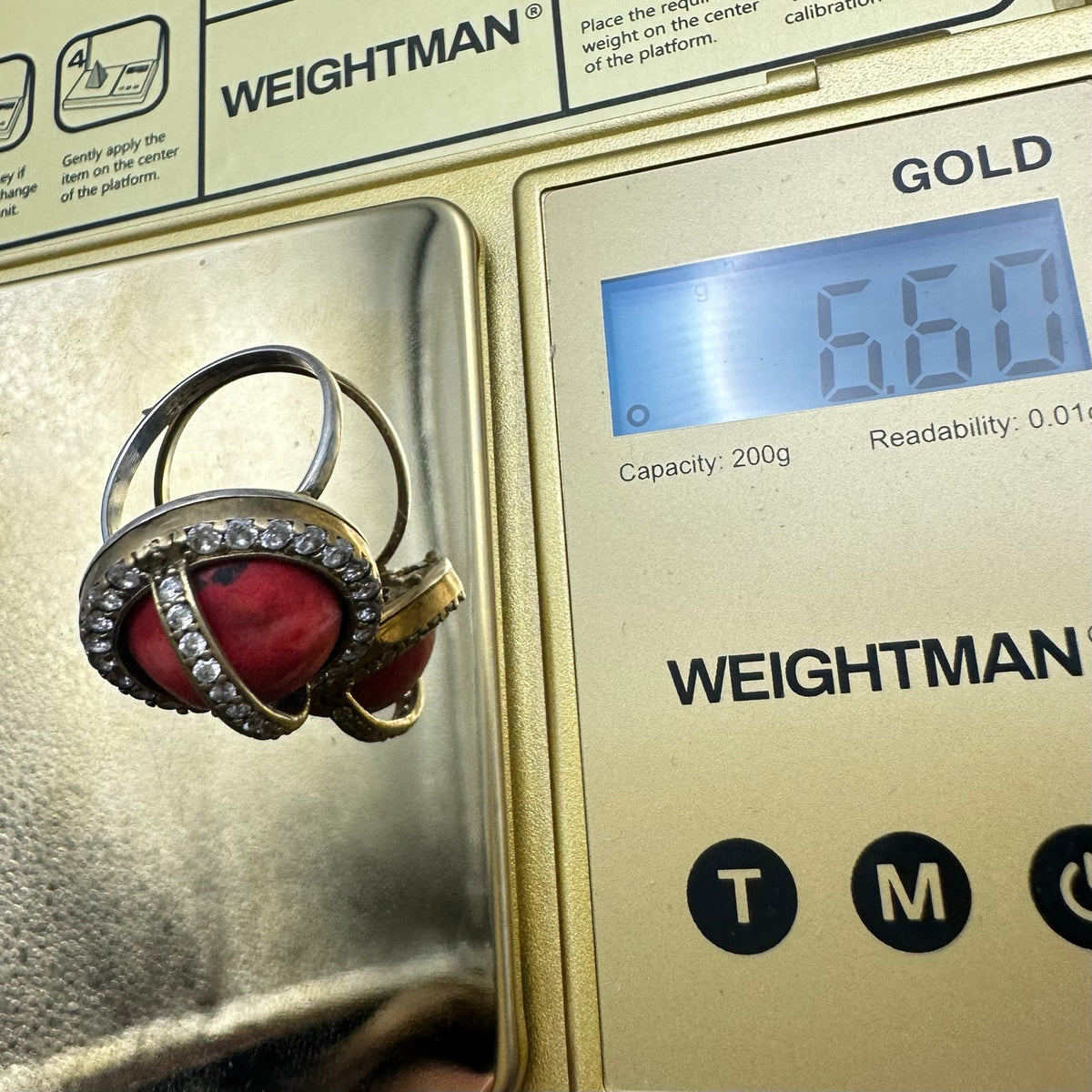 Vintage 925 sterling silver gold plated caged genuine red jasper CZ ring 8.5