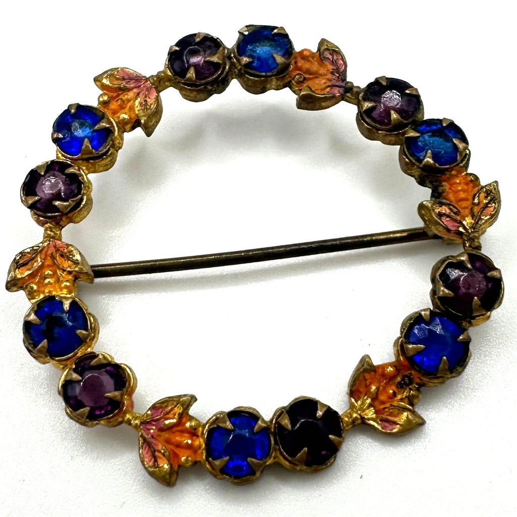 Antique gold tone blue purple Czech glass rhinestones enamel wreath brooch