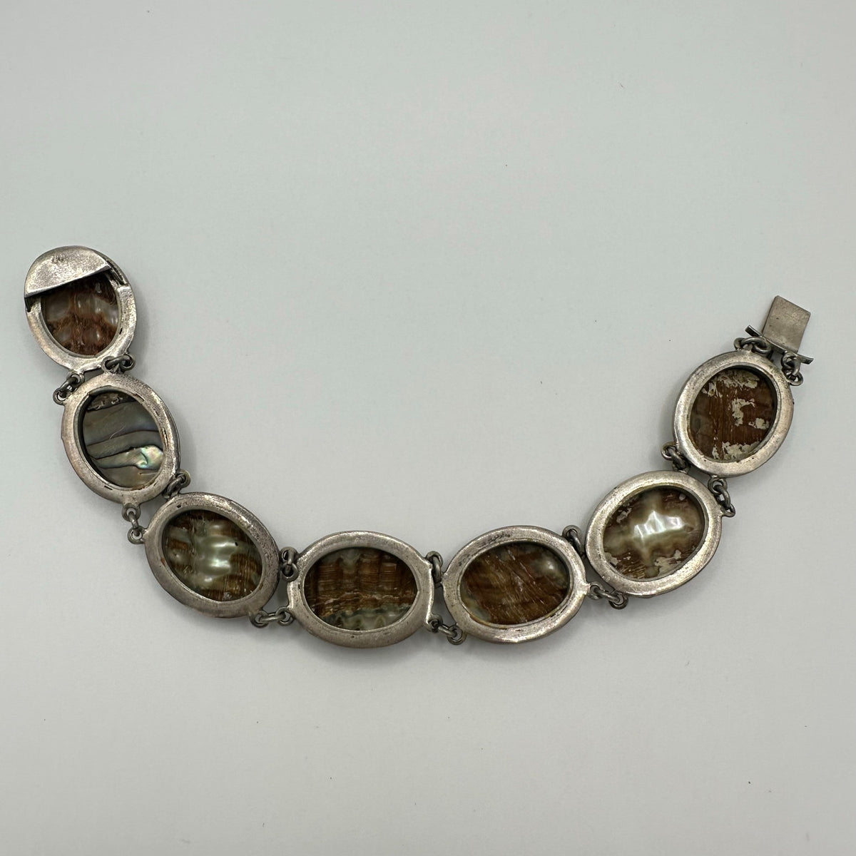 Vintage 800 silver carved genuine abalone shell cameos panel 7.25" bracelet