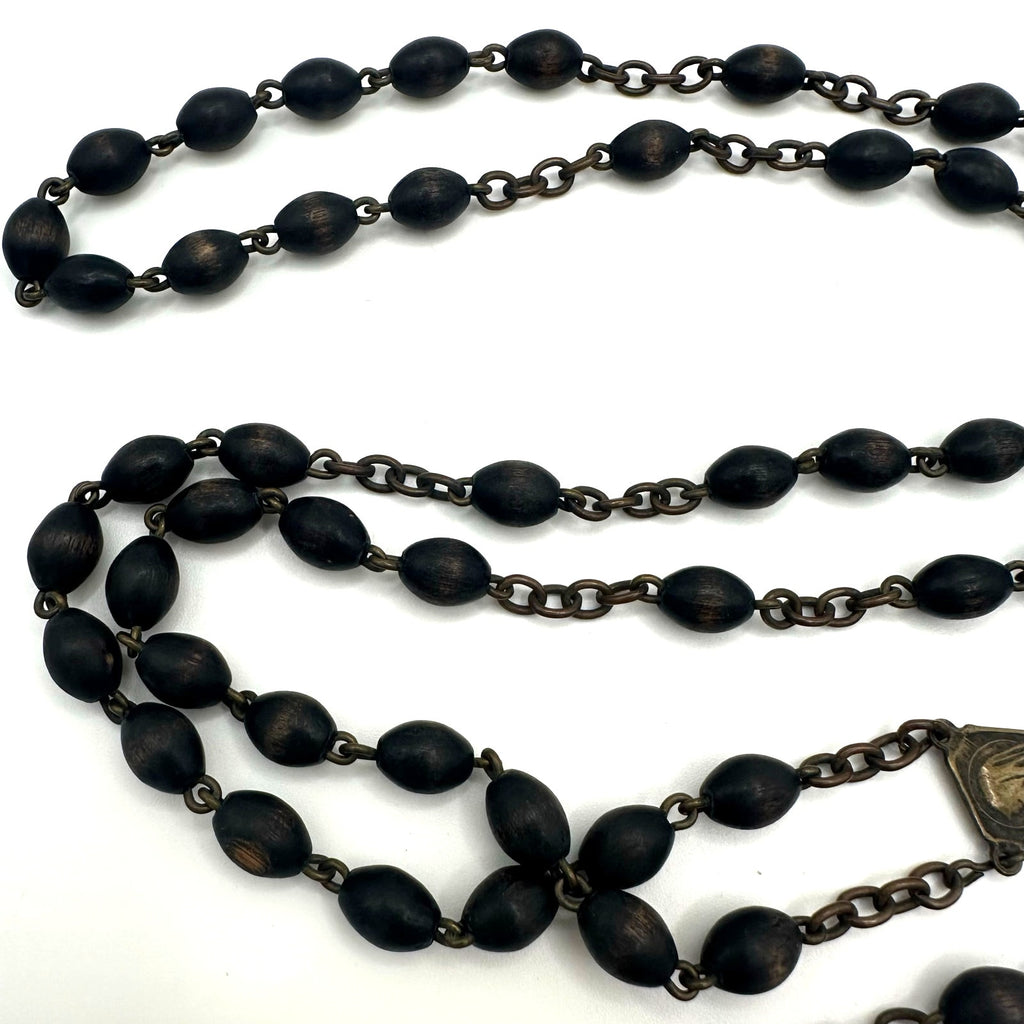 Antique Catholic brass black ebony beads beaded rosary prayer necklace