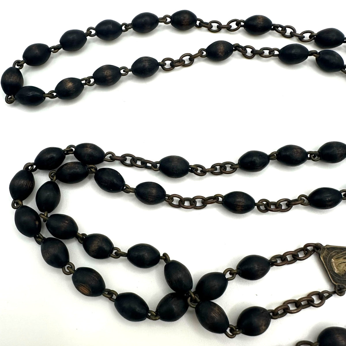Antique Catholic brass black ebony beads beaded rosary prayer necklace