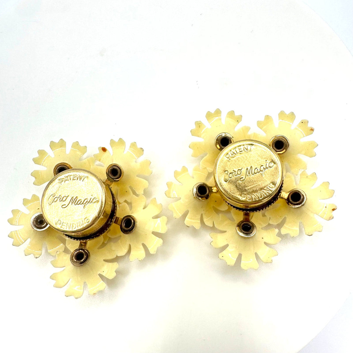 Coro Magic vintage magnetic celluloid flowers rhinestone earrings brooches