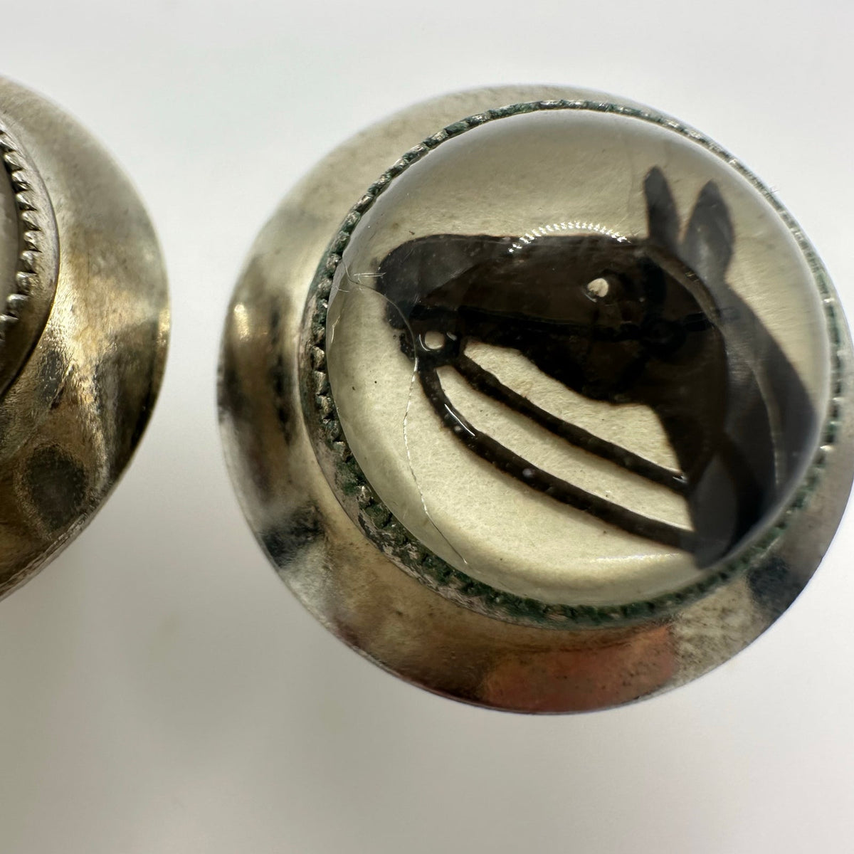 Vintage silver tone domed glass reverse painted intaglio horses cameos cufflinks