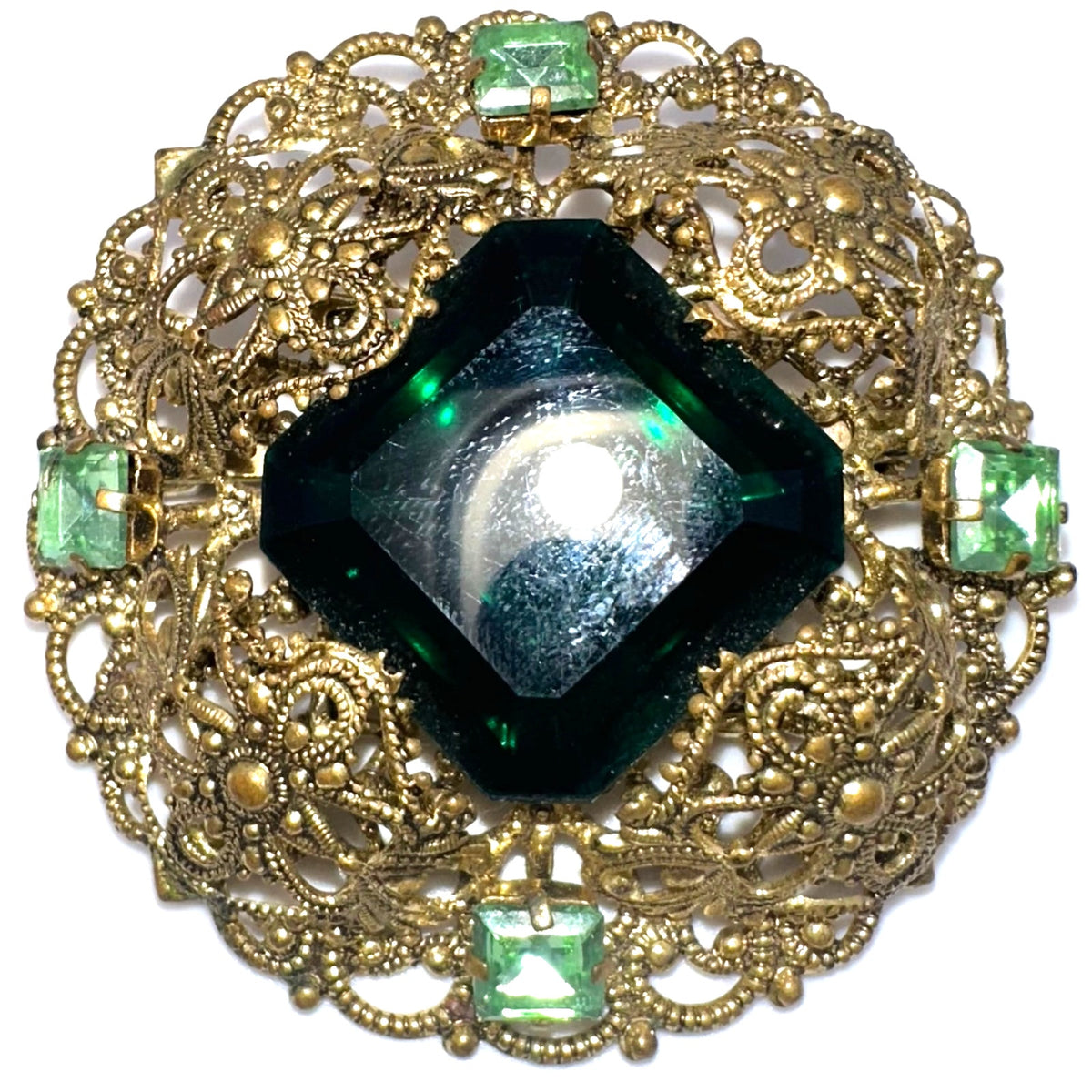 Vintage 1950s gold tone filigree massive emerald light green rhinestones brooch