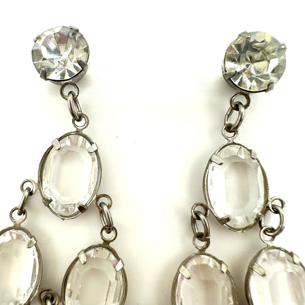 Vintage silver tone clear bezel collet set rhinestones 5" drop post earrings