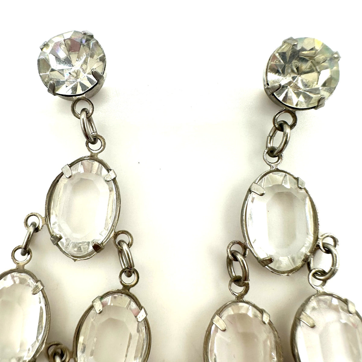 Vintage silver tone clear bezel collet set rhinestones 5" drop post earrings