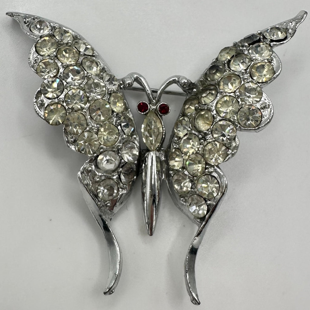 Vintage 1940s silver tone rhodium plated clear red rhinestones butterfly brooch