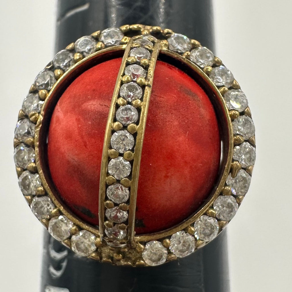 Vintage 925 sterling silver gold plated caged genuine red jasper CZ ring 8.5