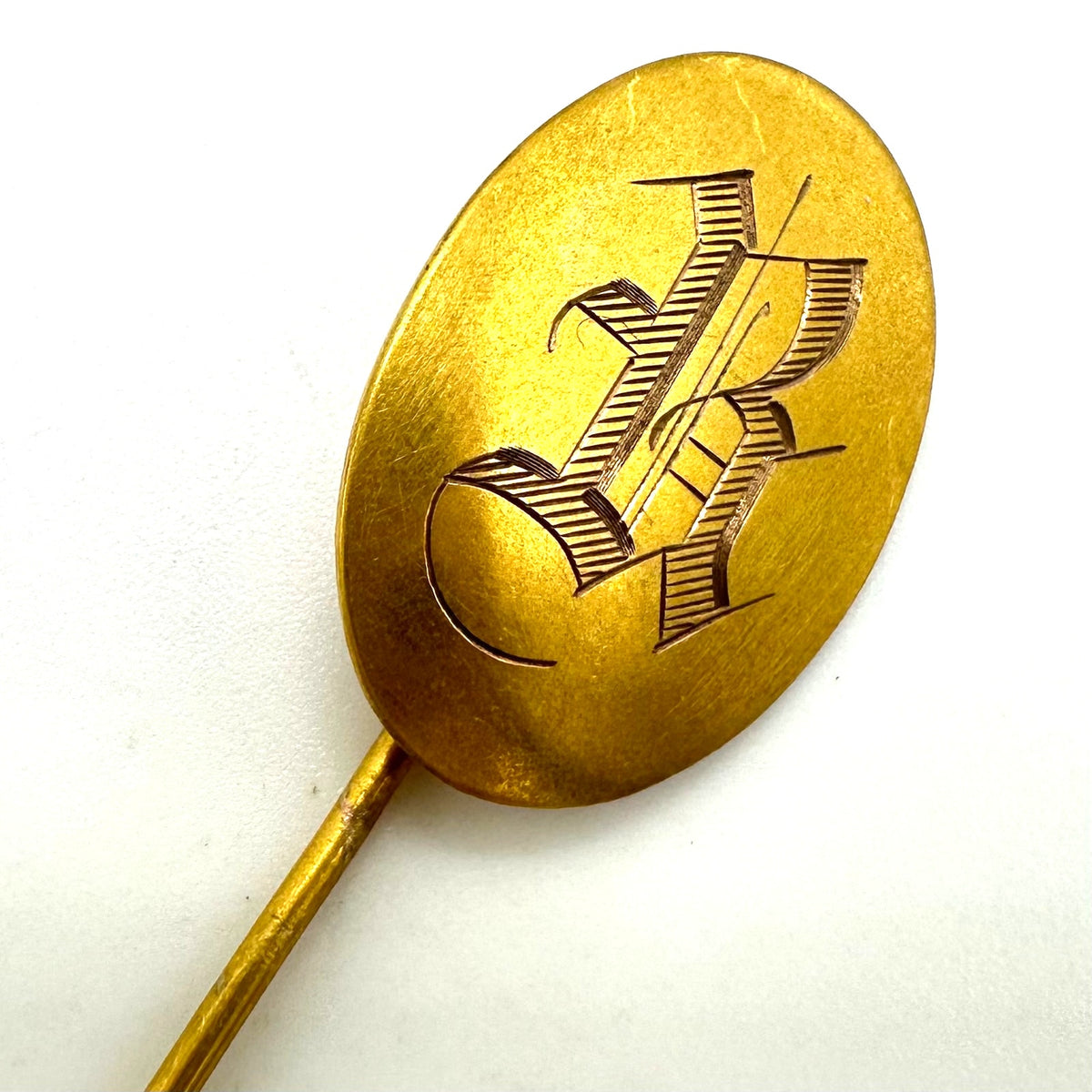 Antique Victorian solid 10kt yellow gold etched “K” initial stick pin brooch