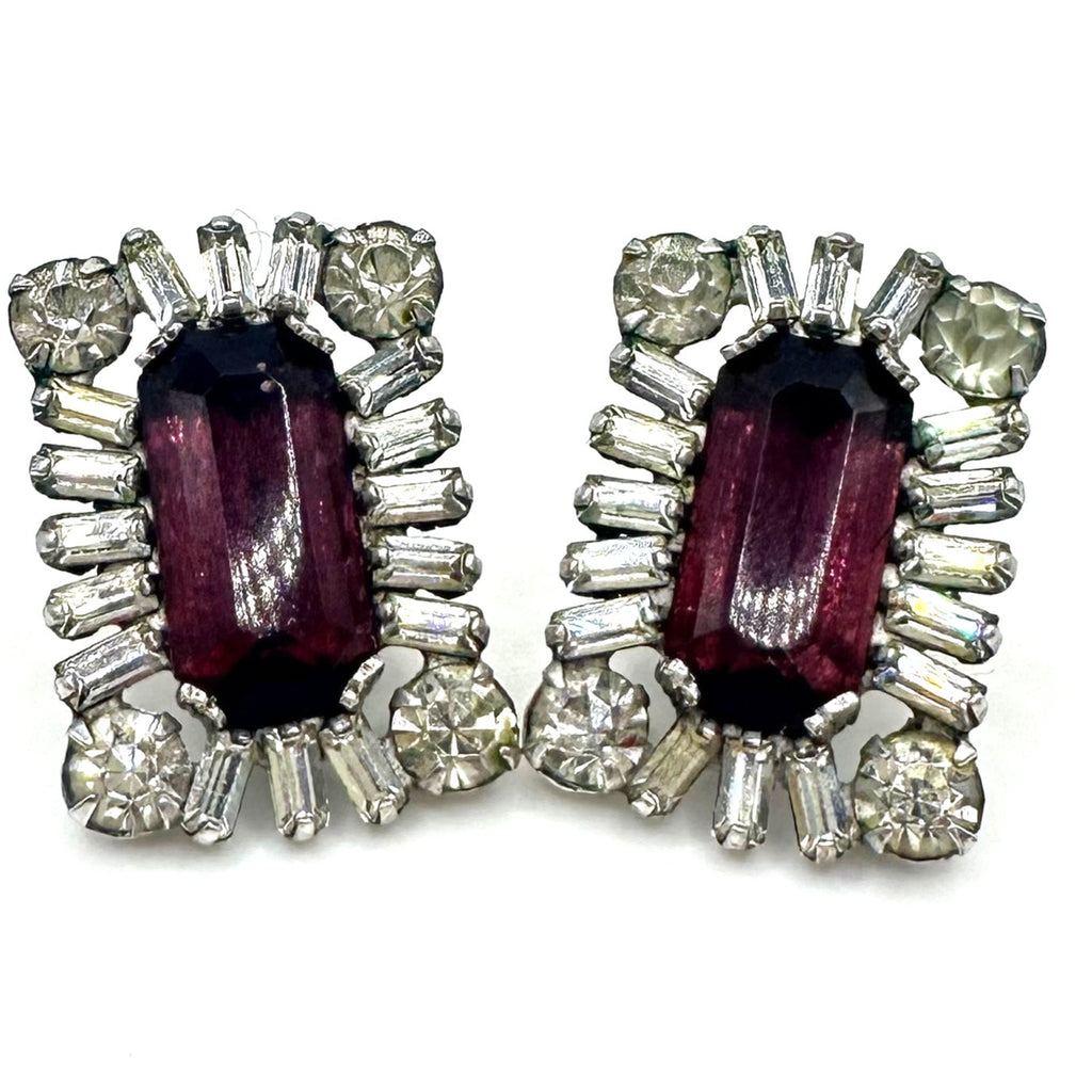 1940s vintage sterling silver purple clear glass rhinestones screw back earrings
