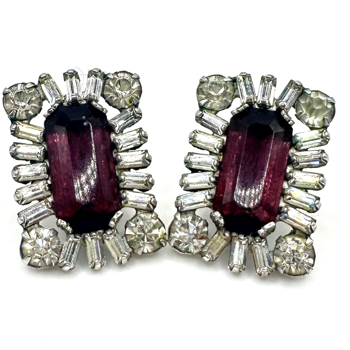 1940s vintage sterling silver purple clear glass rhinestones screw back earrings
