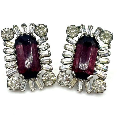 1940s vintage sterling silver purple clear glass rhinestones screw back earrings