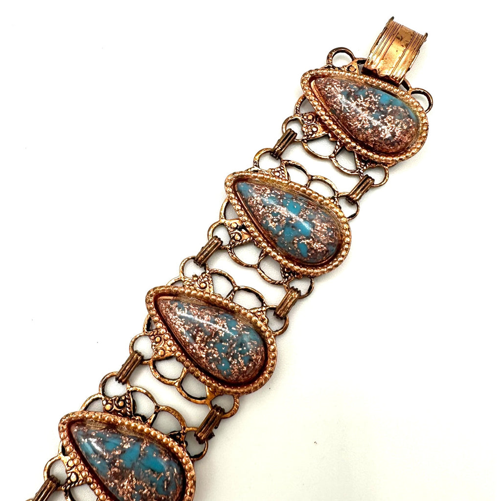 Vintage retro copper tone blue glitter confetti lucite cabochons bracelet