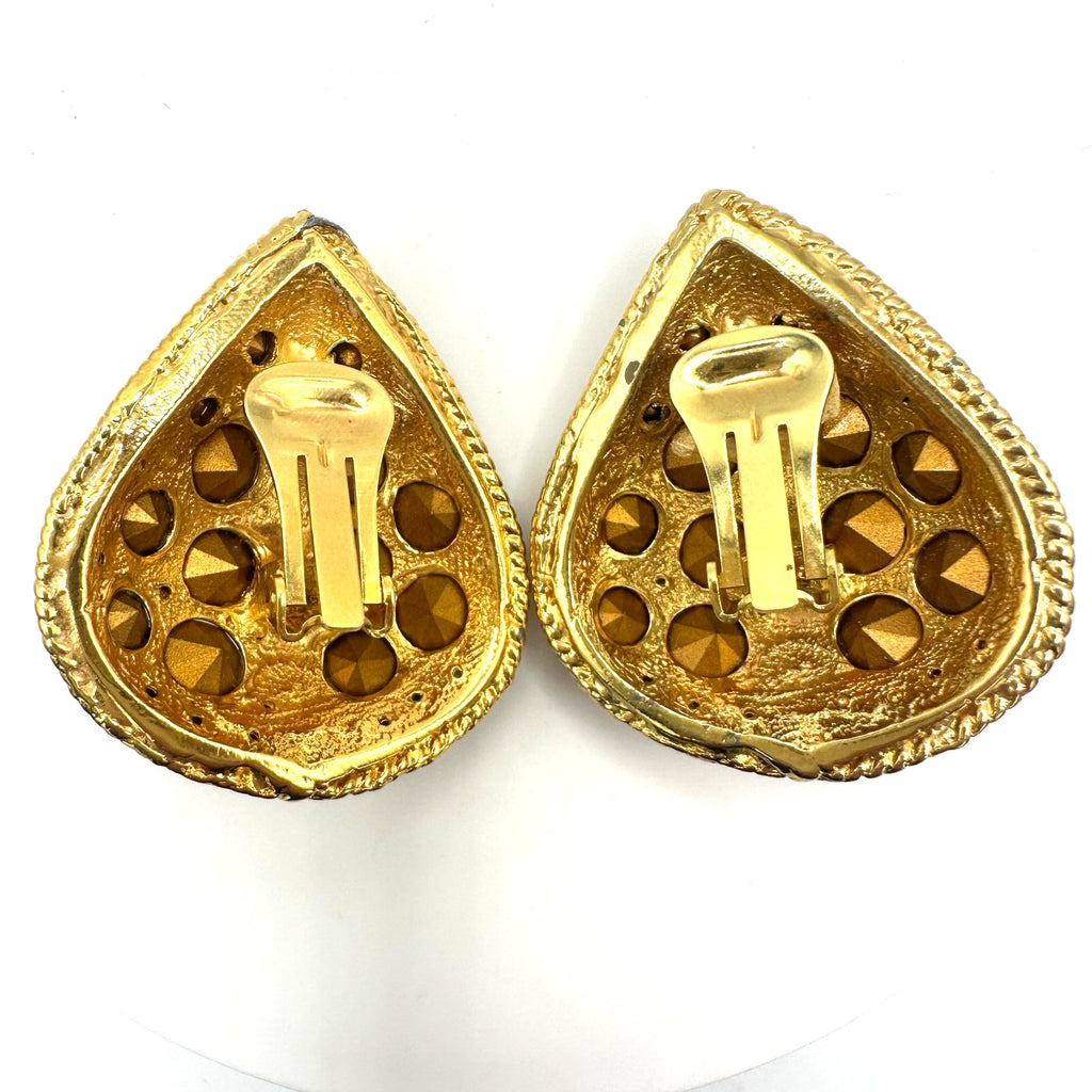 1980s vintage large gold tone pink purple clear rhinestones clip on earrings
