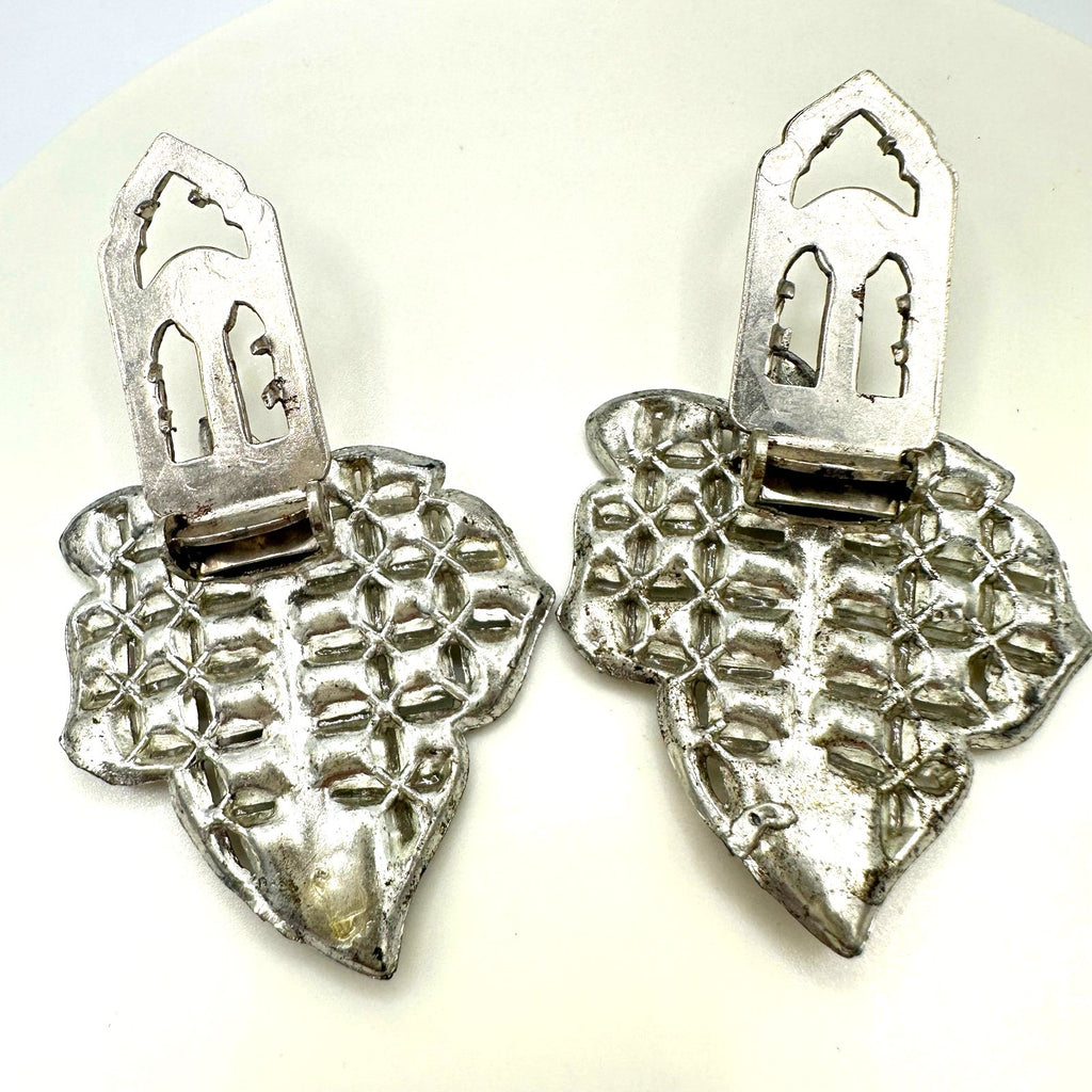 1930s antique Art Deco set 2 silver tone leaf clear rhinestones dress clips