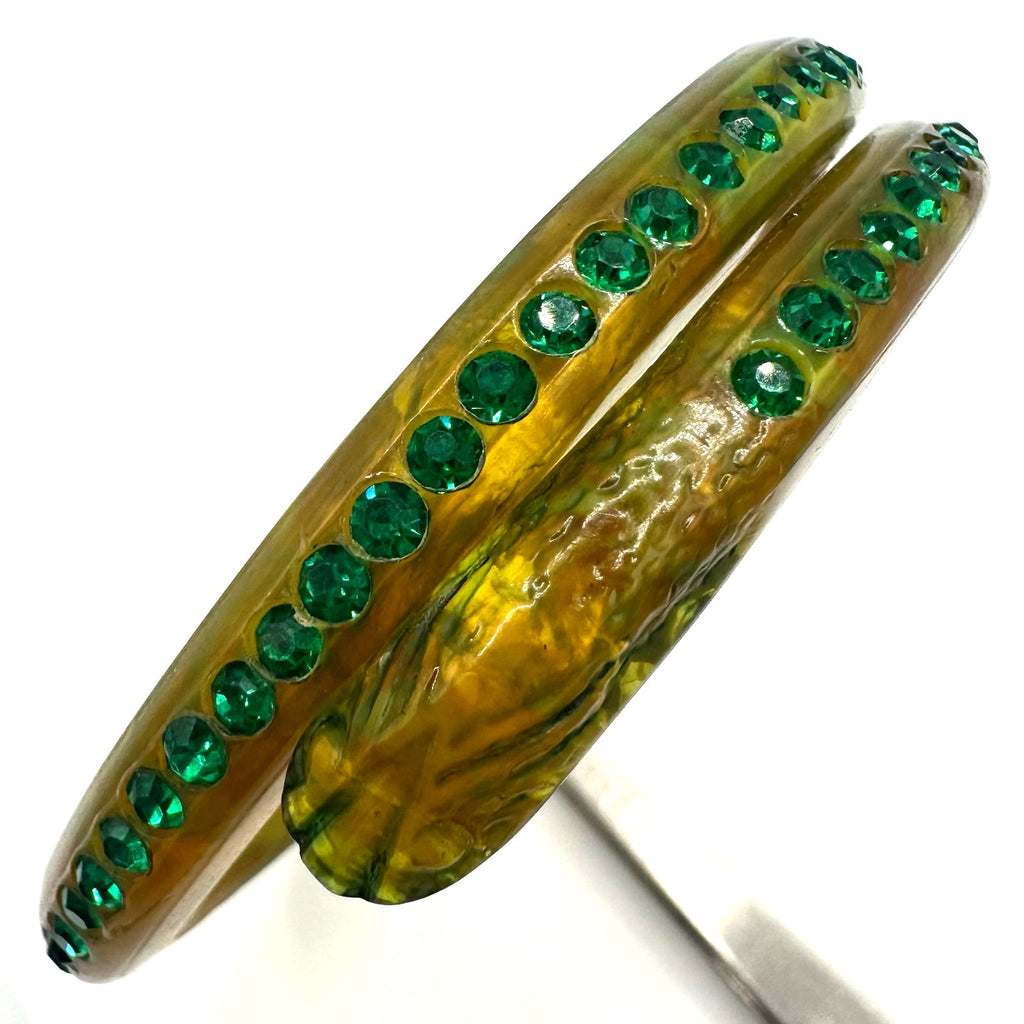 Antique Art Deco yellow celluloid green Czech rhinestones snake bangle bracelet