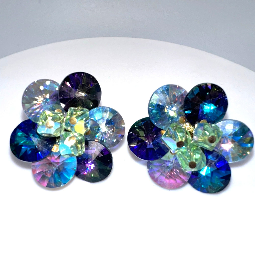 Vendome gold tone AB rivolis green glass beads beaded cluster clip on earrings