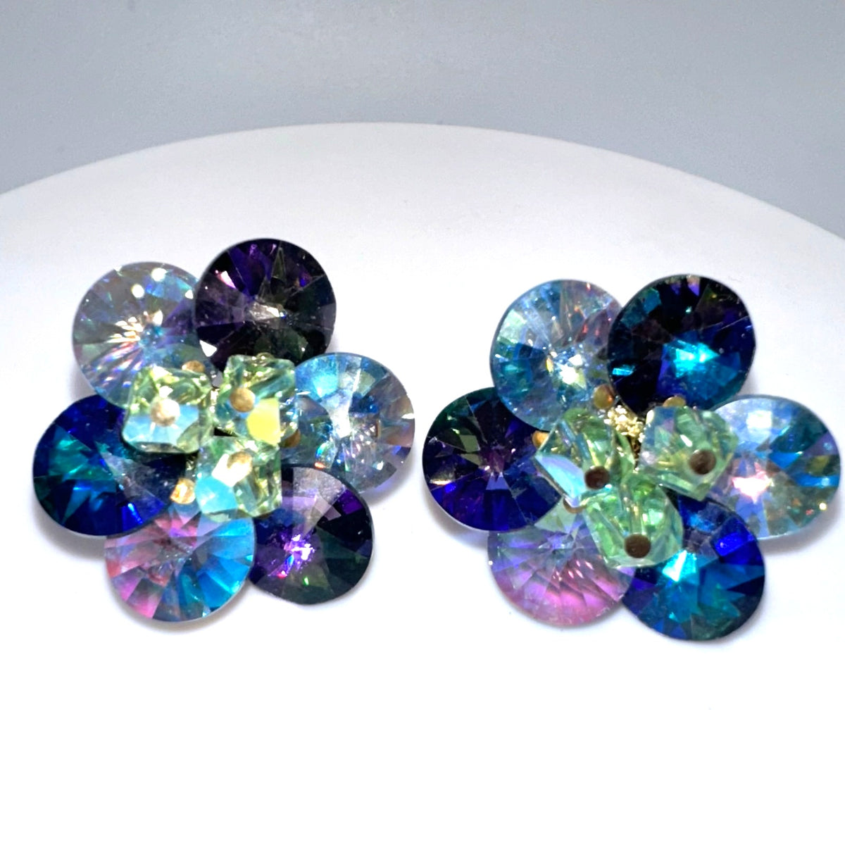 Vendome gold tone AB rivolis green glass beads beaded cluster clip on earrings