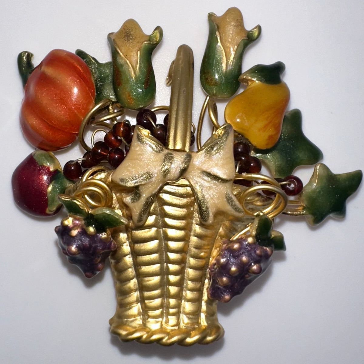 Vintage gold tone multicolor enamel fruits flowers floral basket brooch
